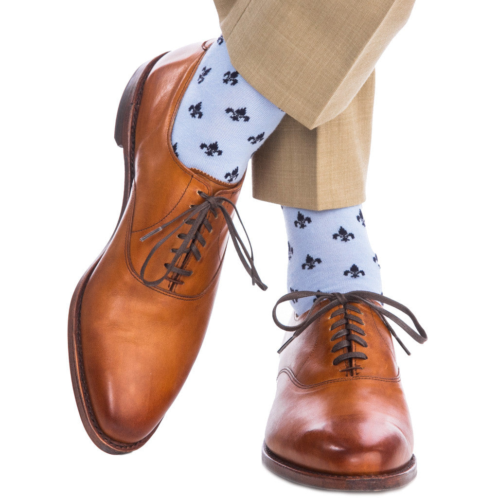Sky Blue and Dress Navy Fleur De Lis Socks Fine Merino Wool Linked Toe Over-The-Calf - over-the-calf - dapper-classics