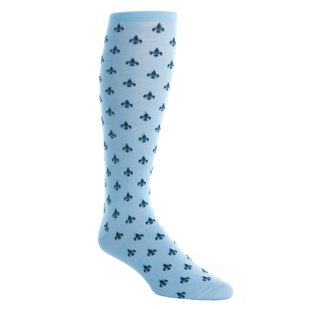 Sky Blue and Dress Navy Fleur De Lis Socks Fine Merino Wool Linked Toe Over-The-Calf - over-the-calf - dapper-classics