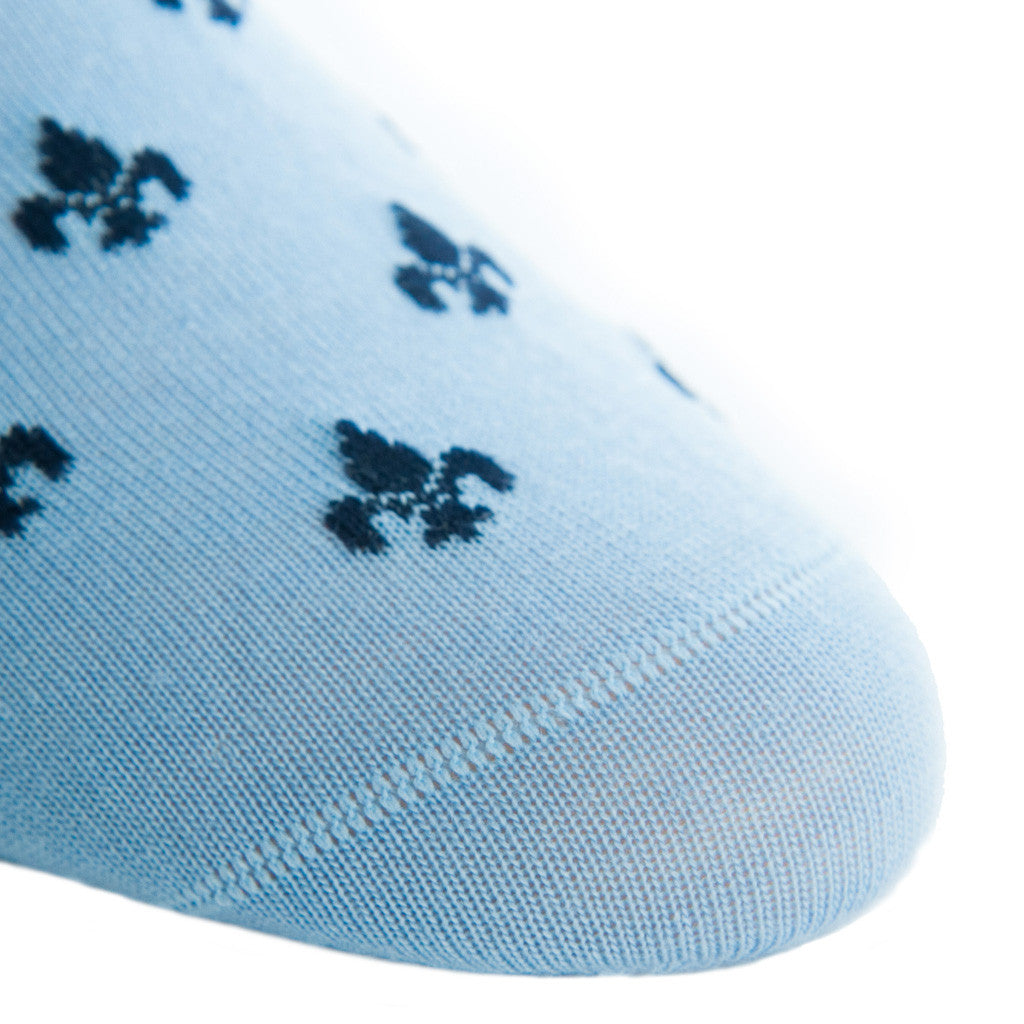 Sky Blue with Dress Navy Fleur De Lis Fine Merino Wool Mid-Calf Sock