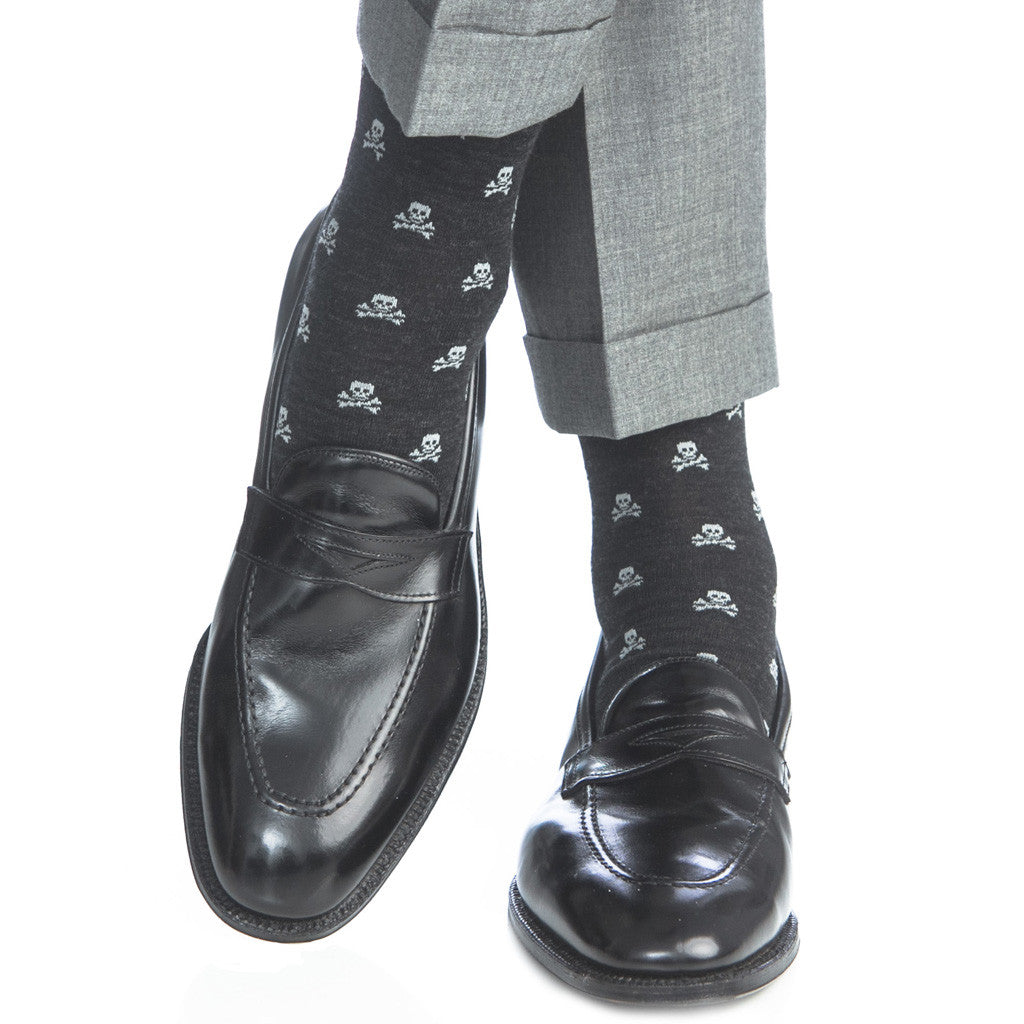 Charcoal with Ash Skull and Crossbone Sock Fine Merino Wool Linked Toe Mid Calf - mid-calf - dapper-classics