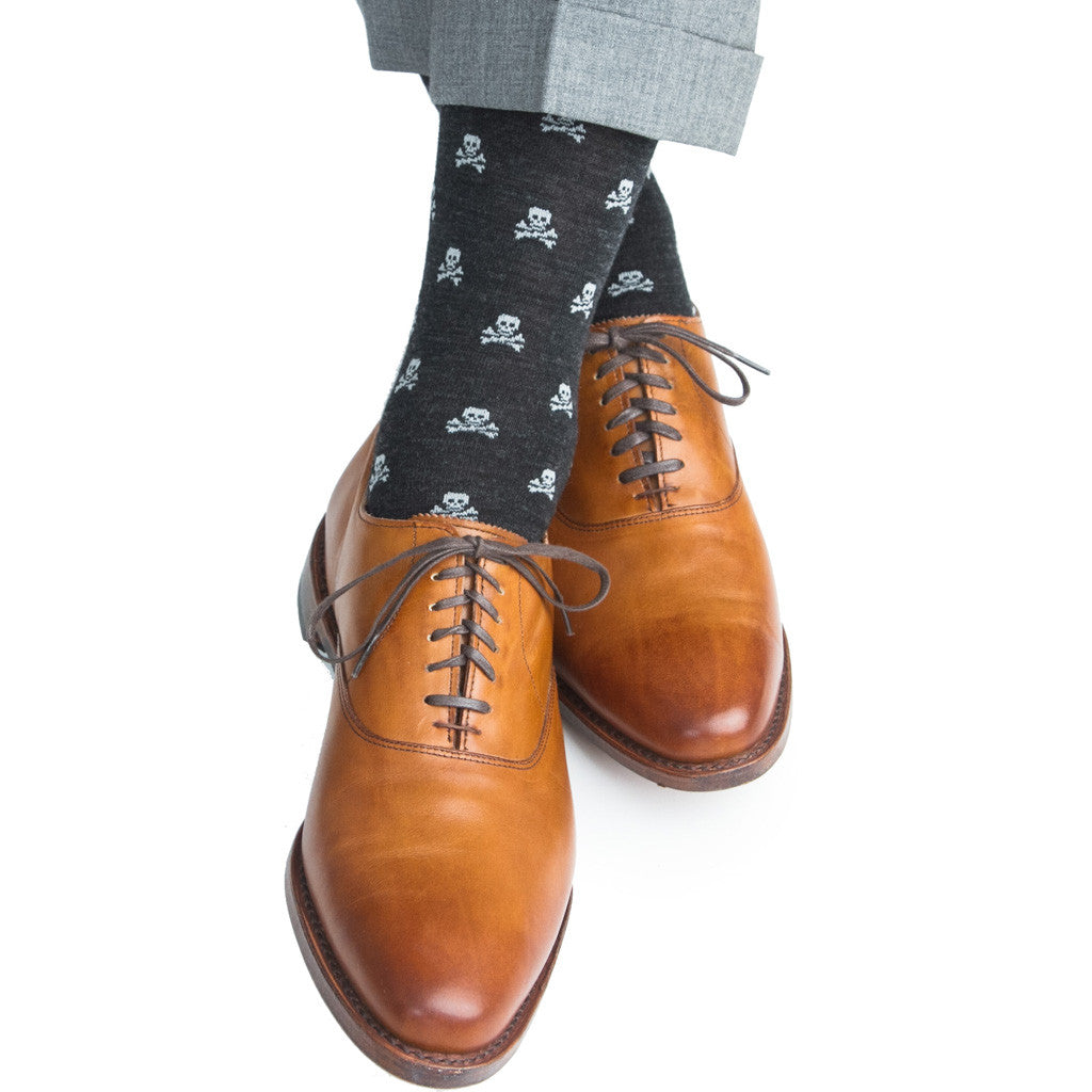 Charcoal with Ash Skull and Crossbone Sock Fine Merino Wool Linked Toe OTC - over-the-calf - dapper-classics