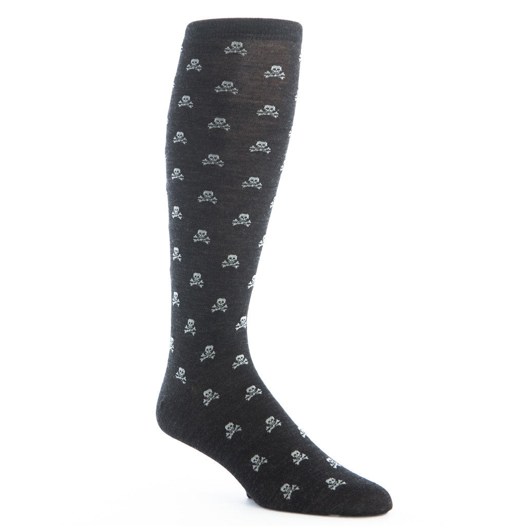 Charcoal with Ash Skull and Crossbone Sock Fine Merino Wool Linked Toe OTC - over-the-calf - dapper-classics
