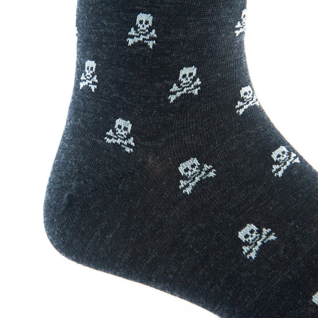 Charcoal with Ash Skull and Crossbone Sock Fine Merino Wool Linked Toe Mid Calf - mid-calf - dapper-classics