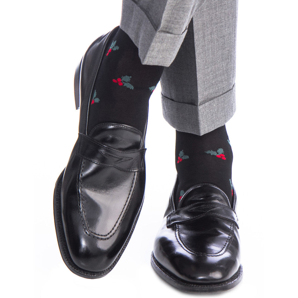 Black with Red Berry and Green Holly Cotton Sock Linked Toe Over-The-Calf - over-the-calf - dapper-classics