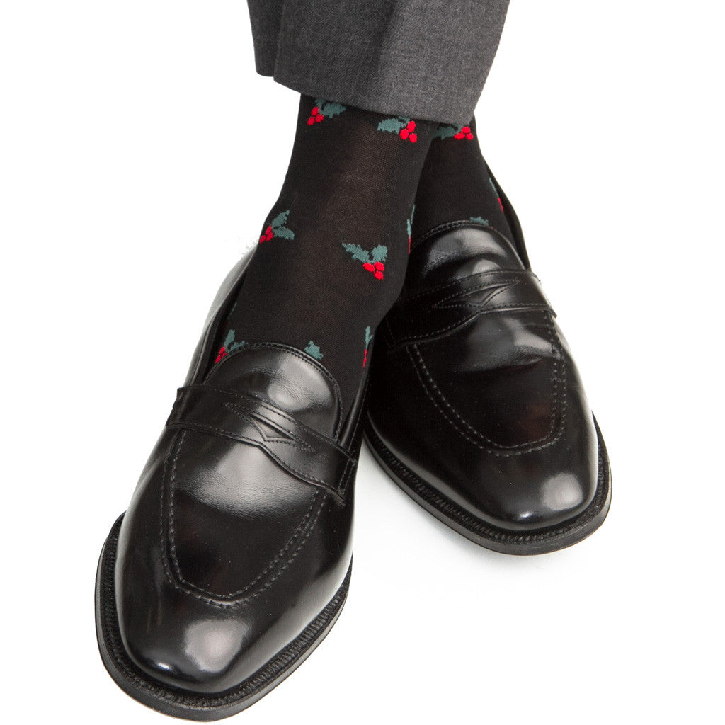 Black with Red Berry and Green Holly Cotton Sock Linked Toe Over-The-Calf - over-the-calf - dapper-classics
