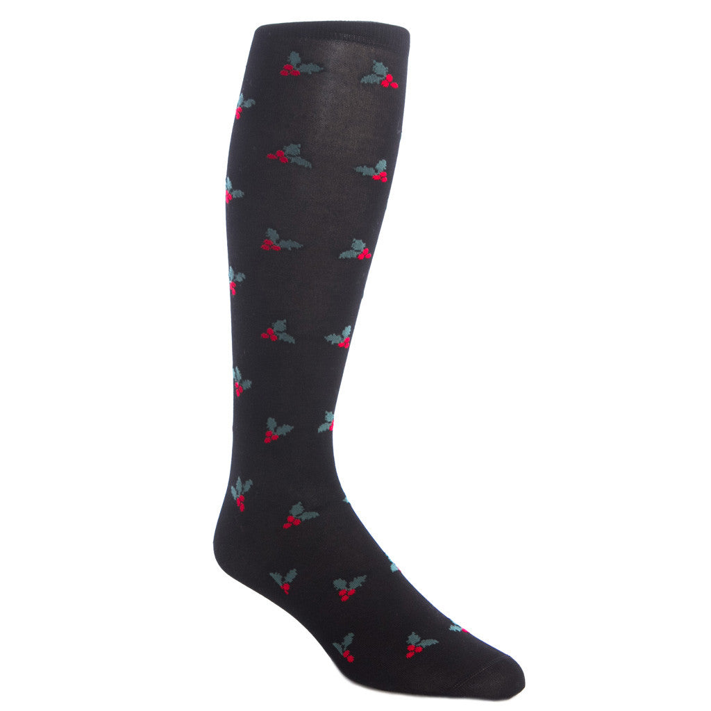 Black with Red Berry and Green Holly Cotton Sock Linked Toe Over-The-Calf - over-the-calf - dapper-classics