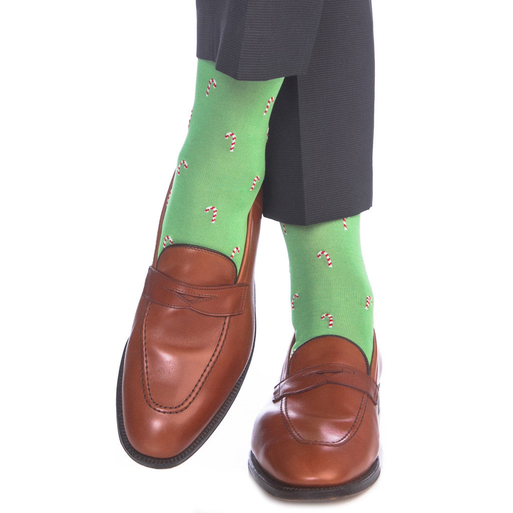Green with Red and White Candy Cane Sock Linked Toe OTC - over-the-calf - dapper-classics