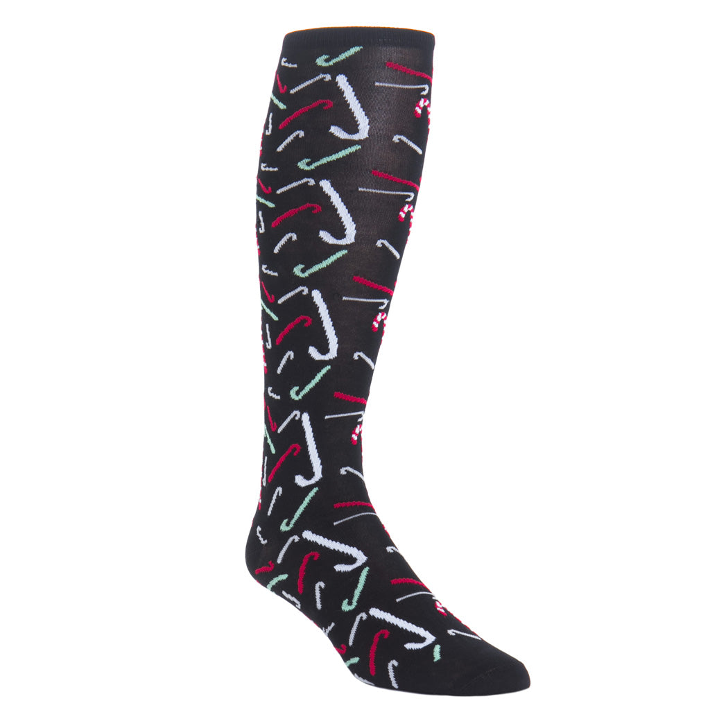 over-the-calf Black Tumbling candy cane cotton sock