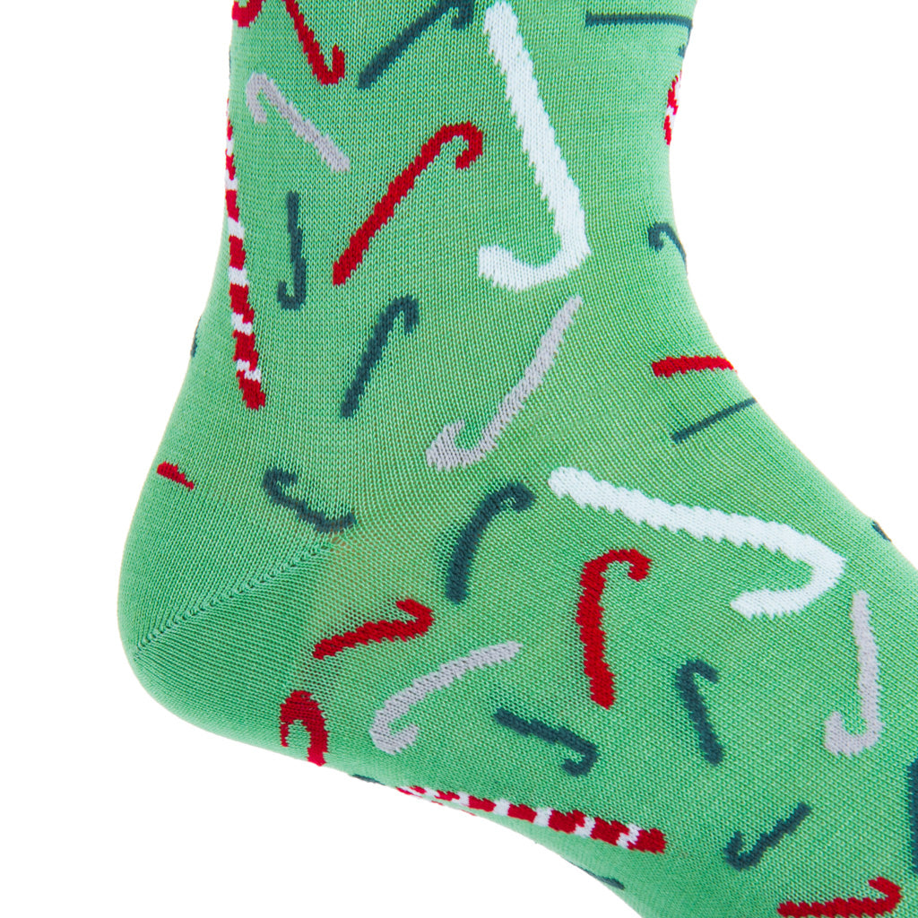 mid-calf green tumbling candy canes cotton sock