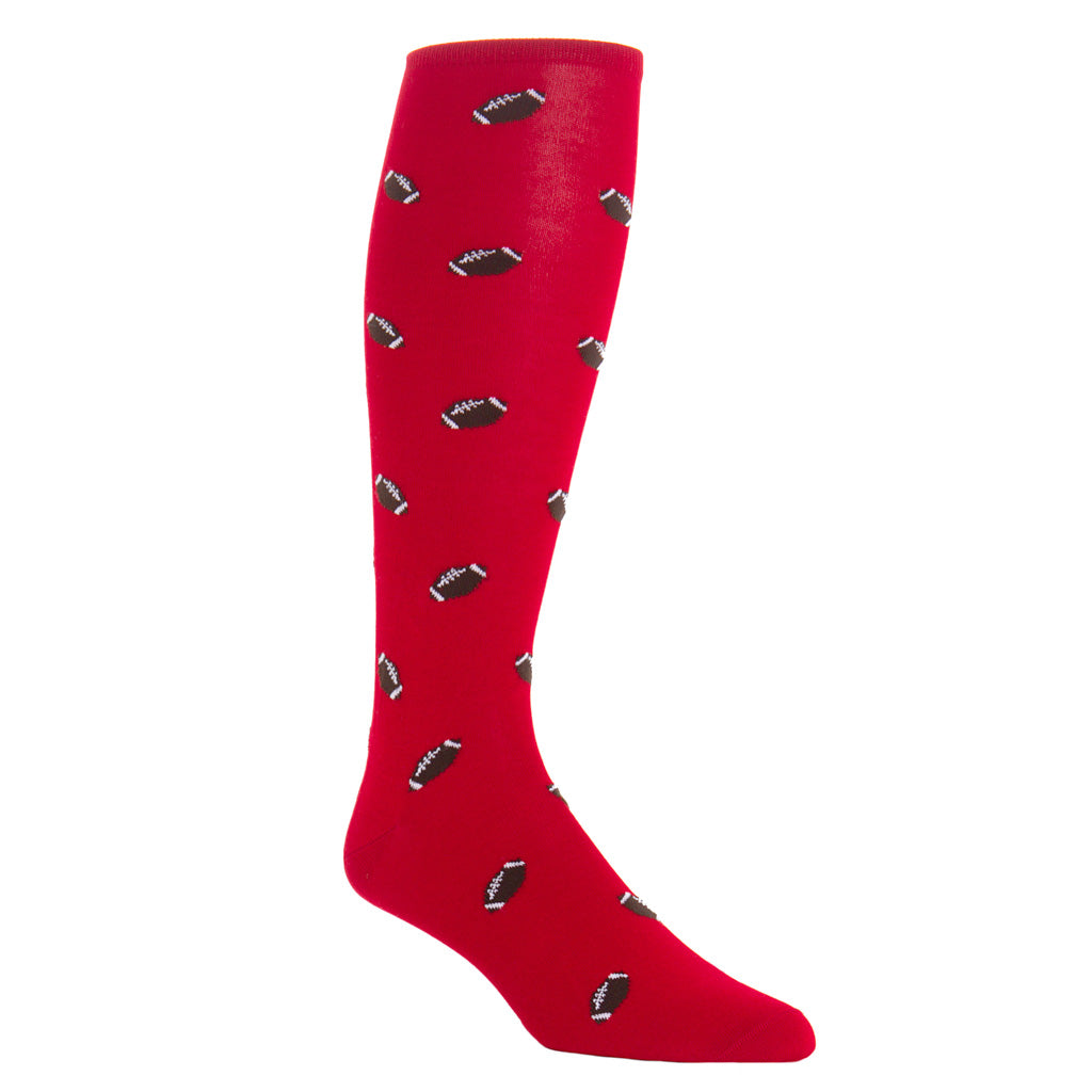 over-the-calf red sock with footballs