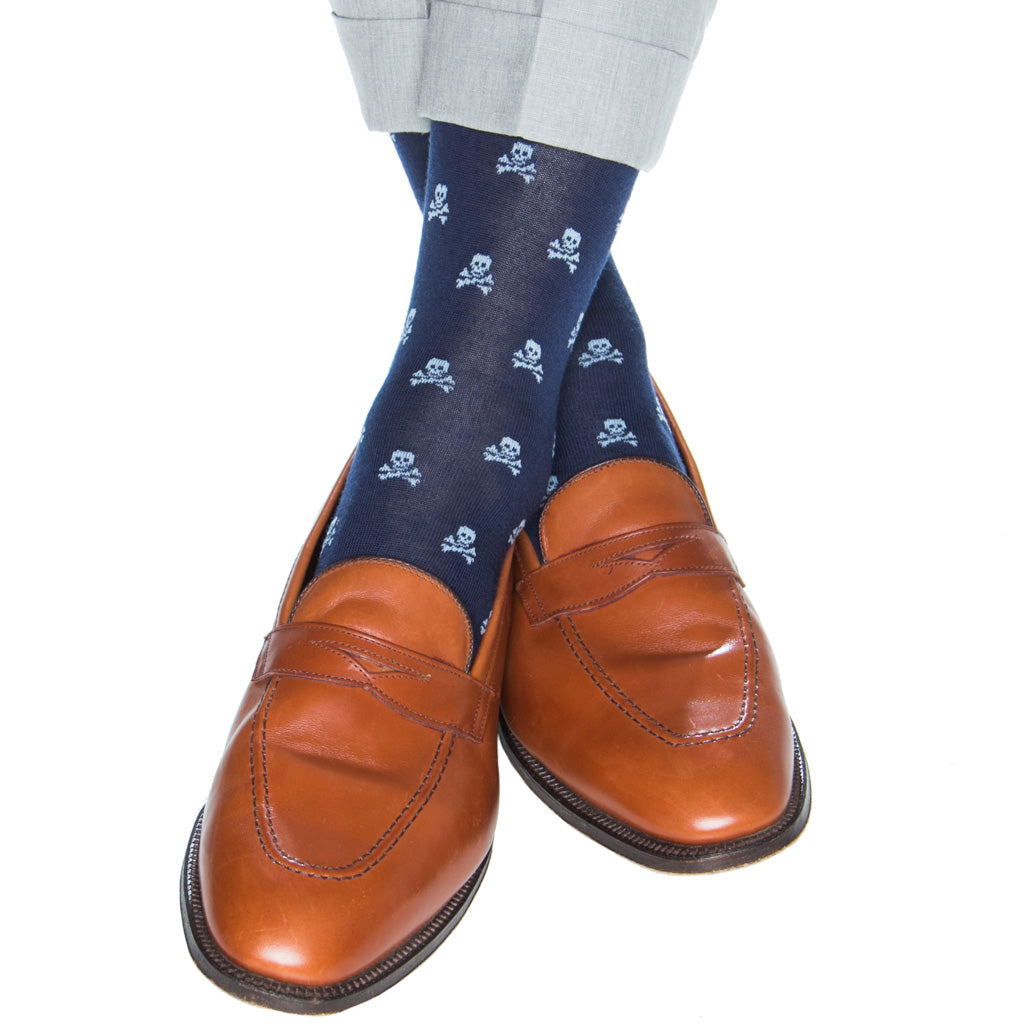 Dress Navy with Sky Blue Skull and Crossbones Fine Merino Wool Mid-Cal – Dapper Classics®