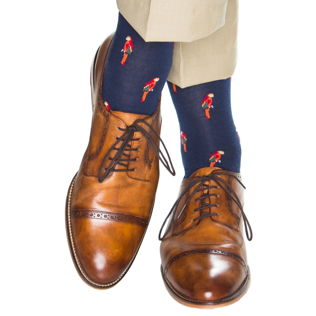 mid-calf navy sock with parrots