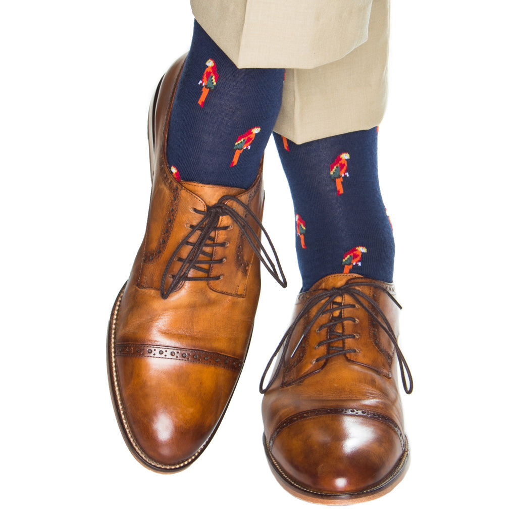 over-the-calf navy sock with parrots wool