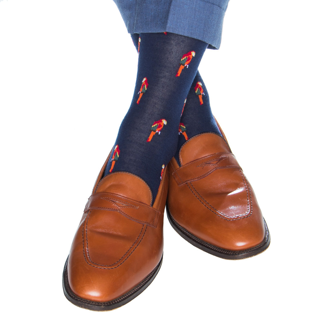 over-the-calf navy sock with parrots wool