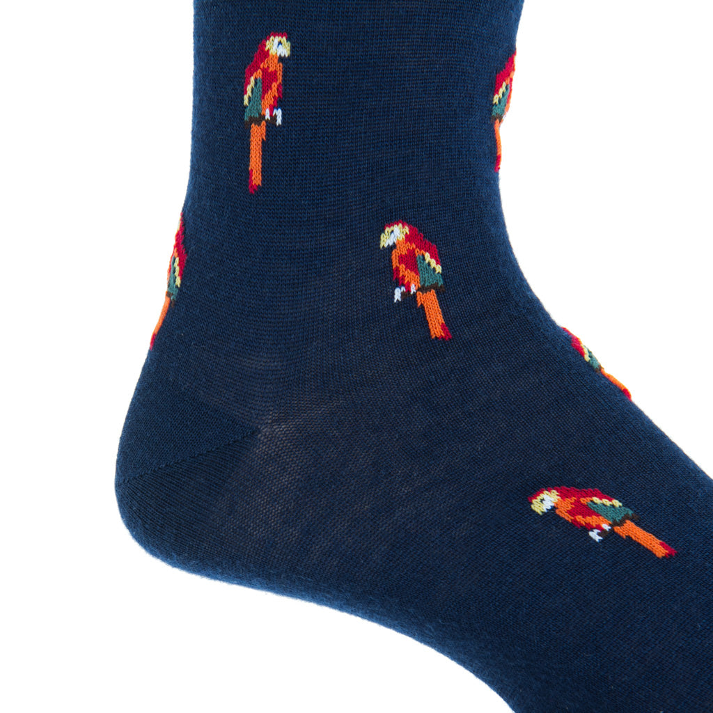 mid-calf navy sock with parrots wool