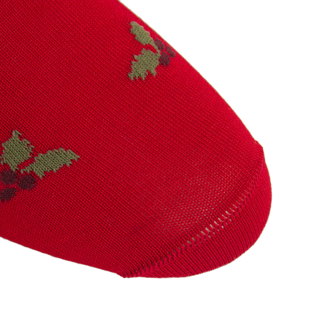 Red with Merlot Berry and Pine Sage Holly Cotton Over-the-Calf Sock