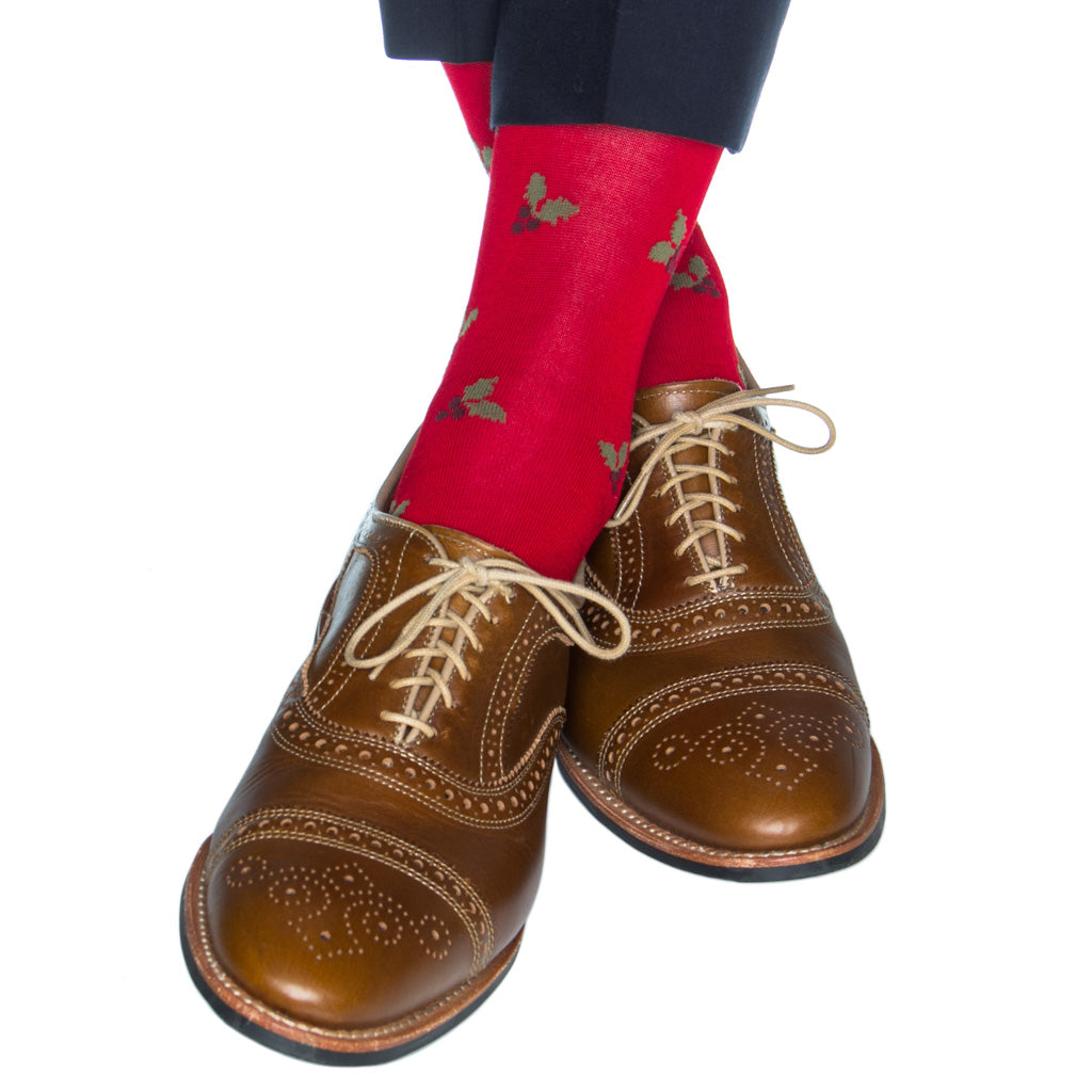 Red with Merlot Berry and Pine Sage Holly Cotton Over-the-Calf Sock