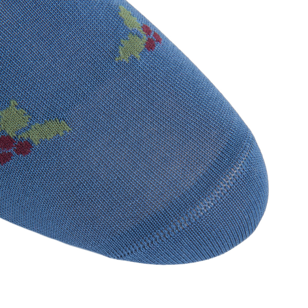 Indigo Blue with Christmas Holly Cotton Over-the-Calf Sock