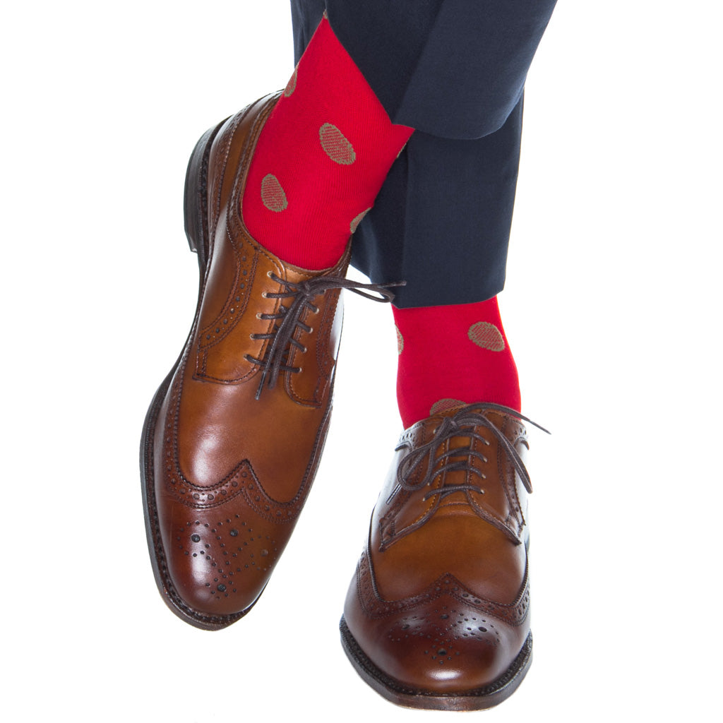 Red with Pine Green Medallion Cotton Mid-Calf Sock