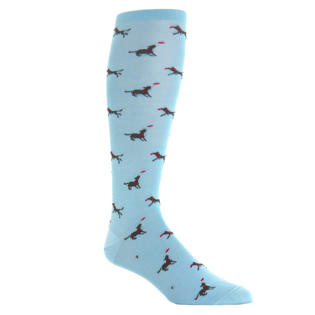 over-the-calf sky bleu/brown/red dog with frisbee cotton sock