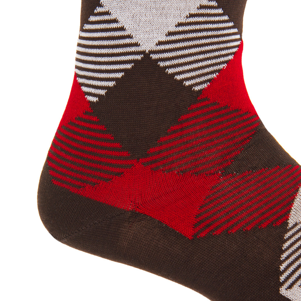 mid-calf coffee brown/tan/red/cream stripe argyle cotton sock