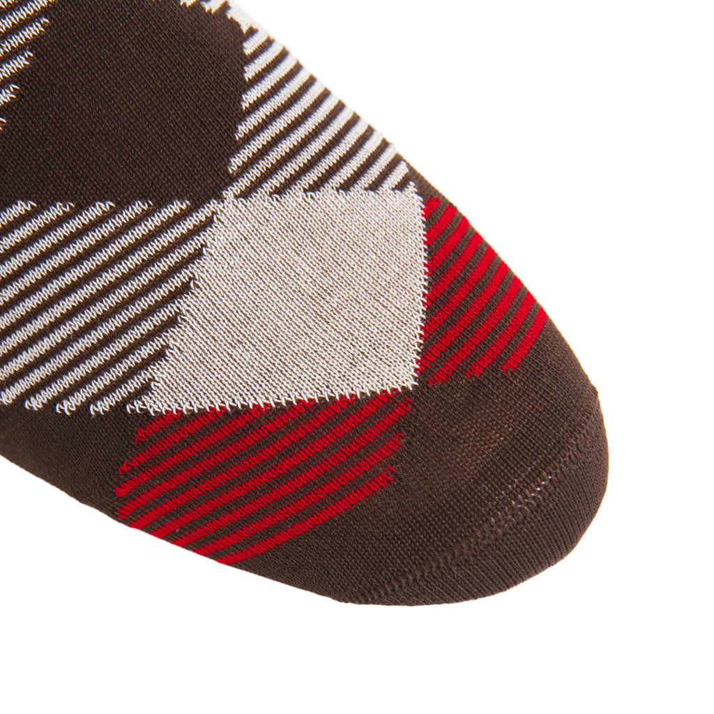 linked-toe coffee brown/tan/red/cream stripe argyle cotton sock