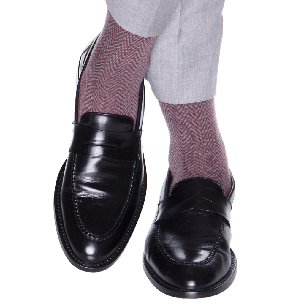 Burgundy and Mercury Gray Chevron Wool Sock