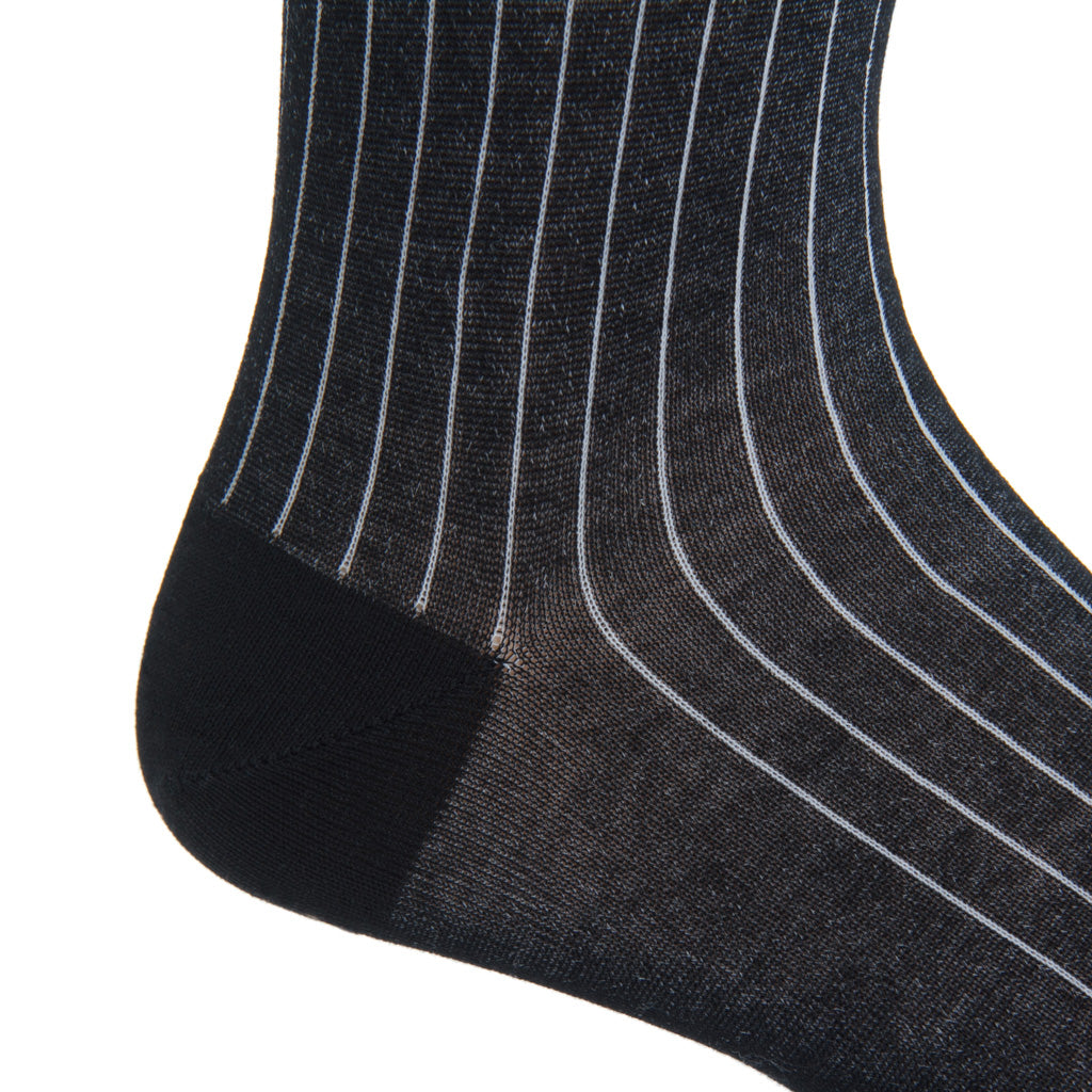 Black with Ash Vertical Stripe Fine Cotton Sock Linked Toe Mid-Calf