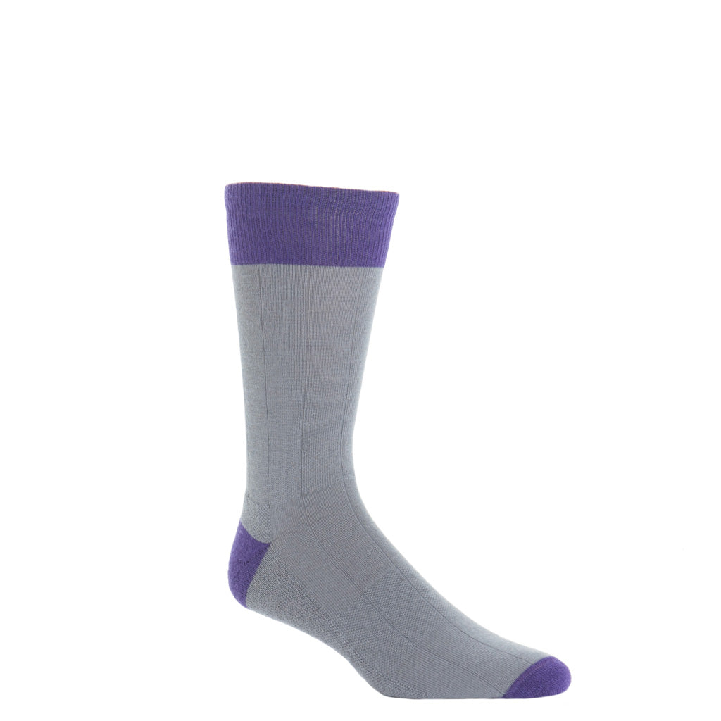 Mercury Gray with Purple Heel and Toe Tipping Wide Ribbed Fine Merino Wool  Sock Linked Toe Crew Length