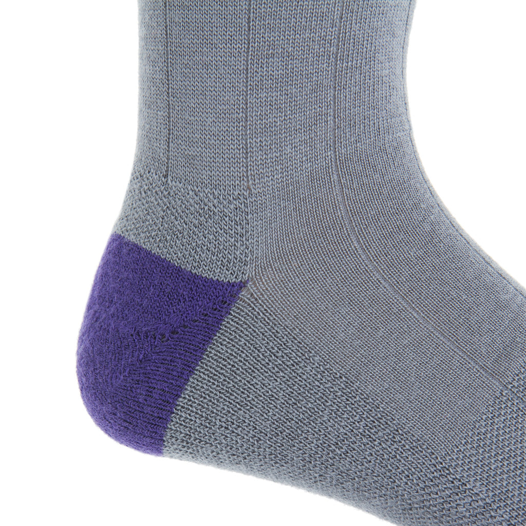 mercury grey with purple heel and toe tipping wool crew sock