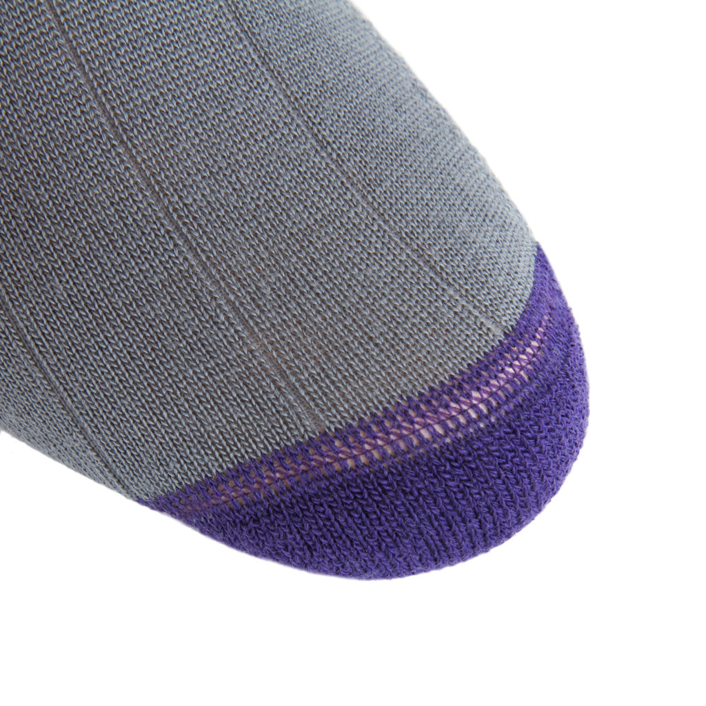linked-toe mercury grey with purple heel and toe tipping wool crew sock