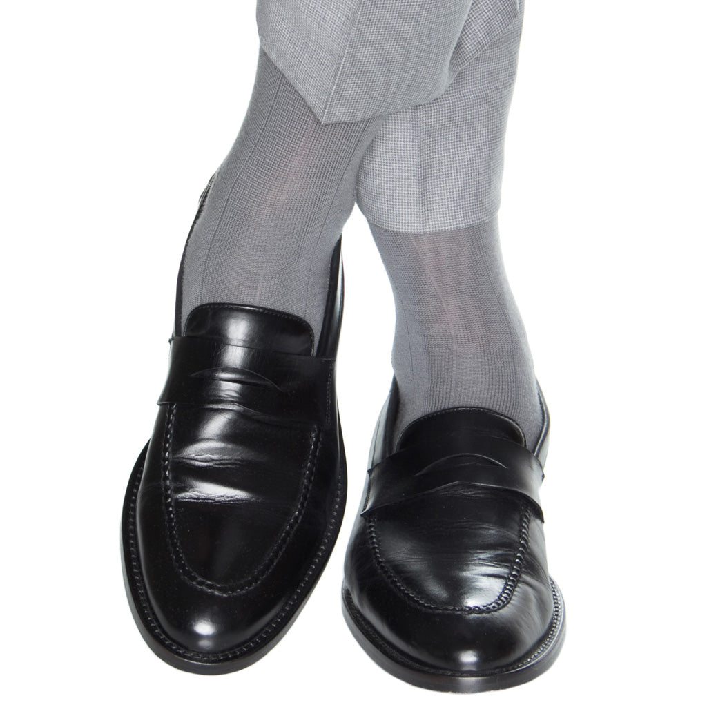 Mercury Gray with Purple Heel and Toe Tipping Wide Ribbed Fine Merino Wool  Sock Linked Toe Crew Length