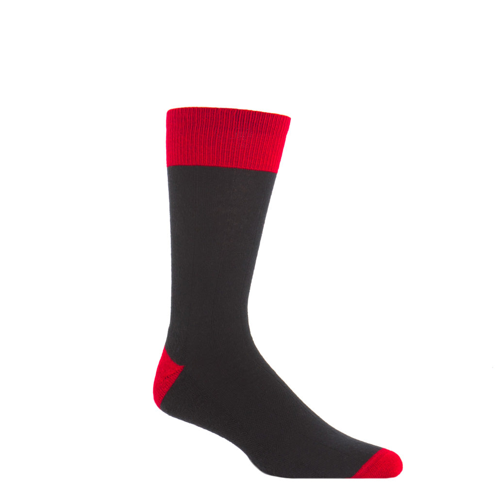 Black with red heel and toe tipping wide ribbed wool crew sock