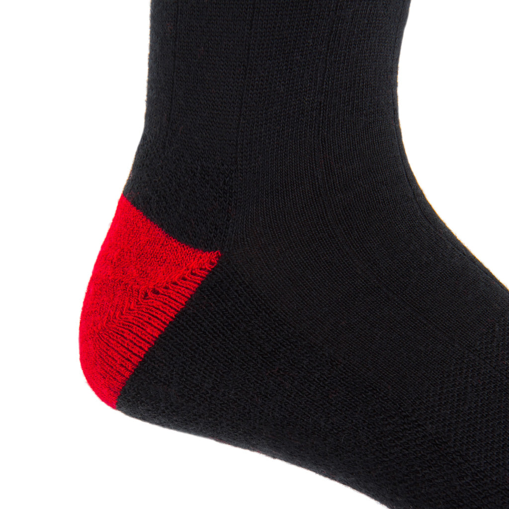 Black with red heel and toe tipping wide ribbed wool crew sock