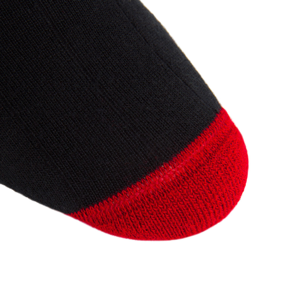 linked-toe Black with red heel and toe tipping wide ribbed wool crew sock