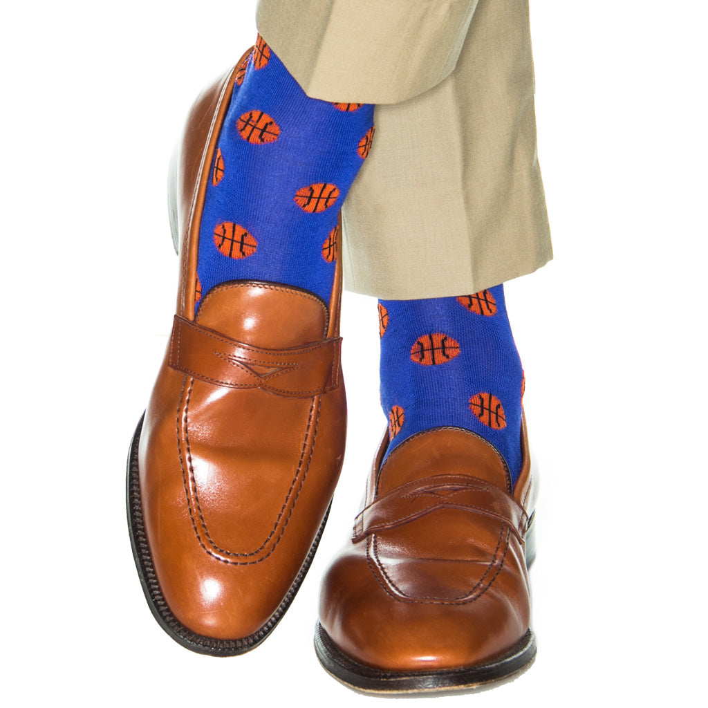 Clematis Blue with Tigerlily Orange Basketball Cotton Over-the-Calf Sock