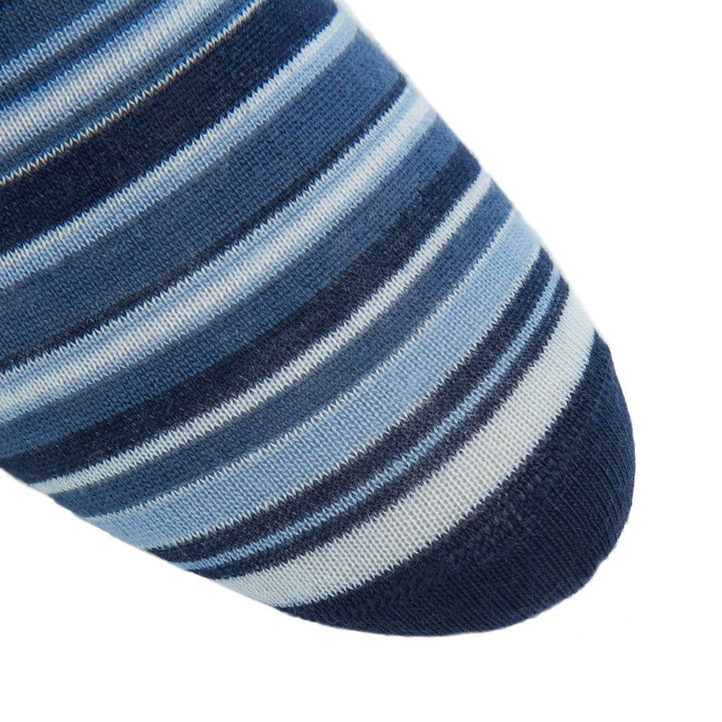 Dress Navy, Sky Blue, Bay Blue, and Cream Variegated Stripe Fine Merino Wool Mid-Calf Sock