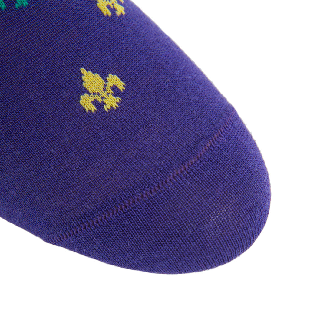 Purple with Yolk and  Green Fleur De Lis Fine Merino Wool Mid-Calf Sock