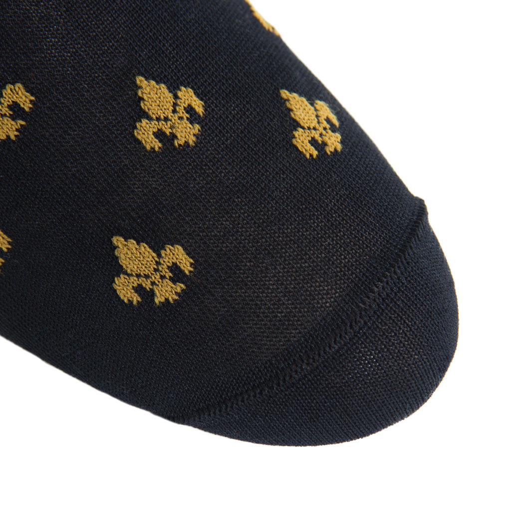 Black with Gold Fleur De Lis Cotton Mid-Calf Sock