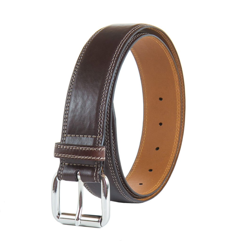 Brown Italian Leather Belt With Nickel Roller Buckle