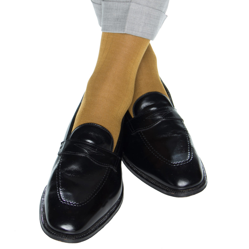 Gold Solid Ribbed Cotton Sock Linked Toe Mid-Calf Gold Solid Ribbed Cotton Sock Linked Toe Mid-Calf