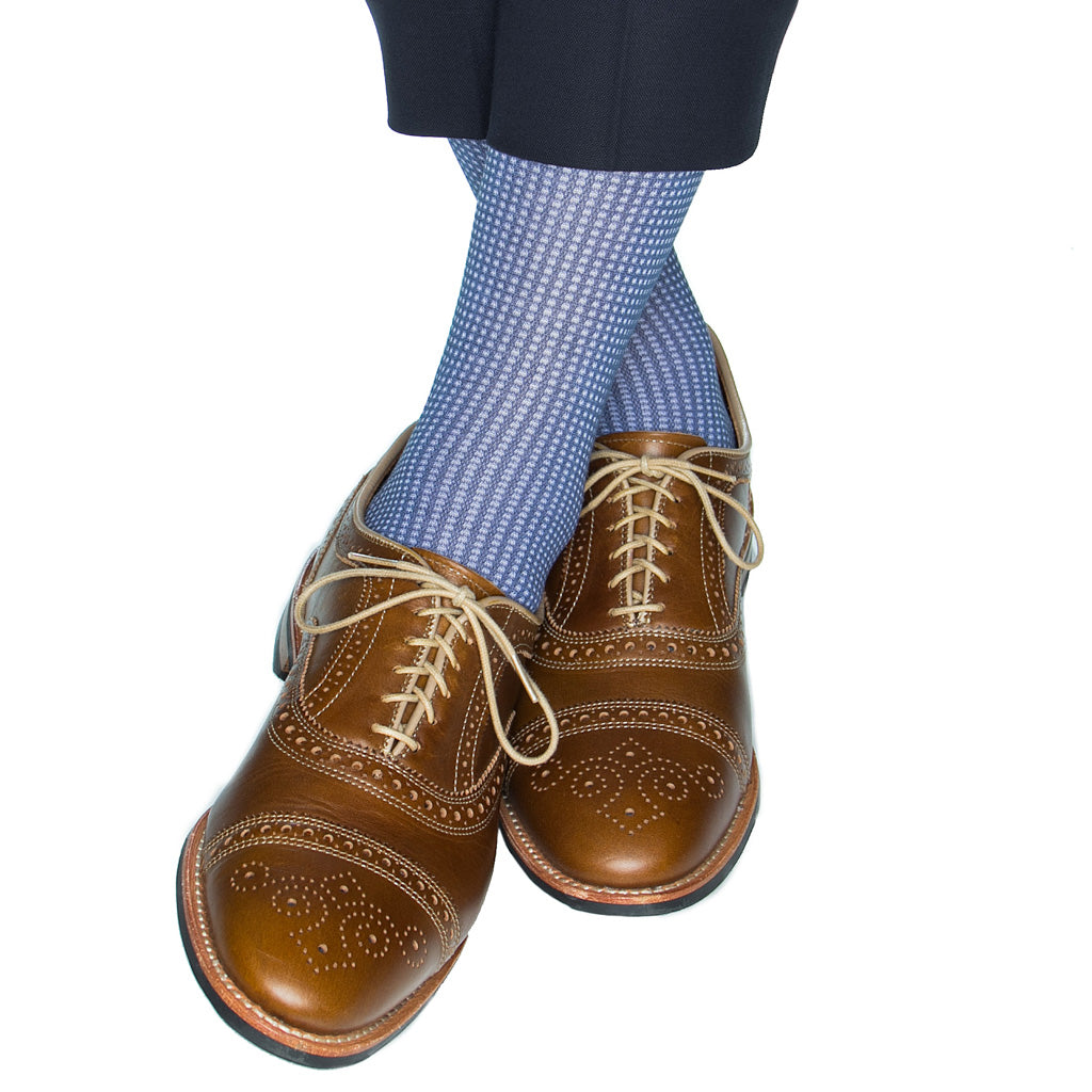 Indigo Blue and White Grenadine Cotton Sock Linked Toe Mid-Calf Dapper Classics Indigo Blue and White Grenadine Cotton Sock Linked Toe Mid-Calf Dapper Classics