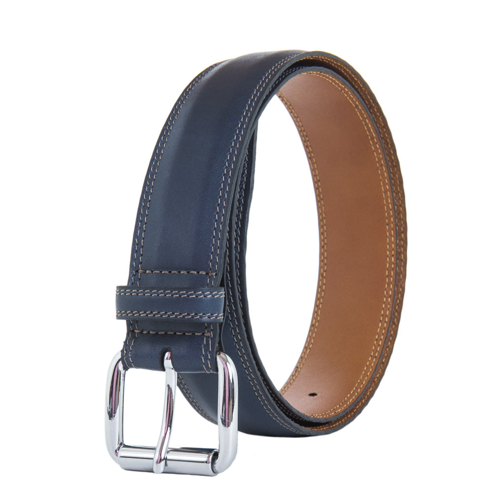 Navy Italian Leather Belt With Nickel Roller Buckle