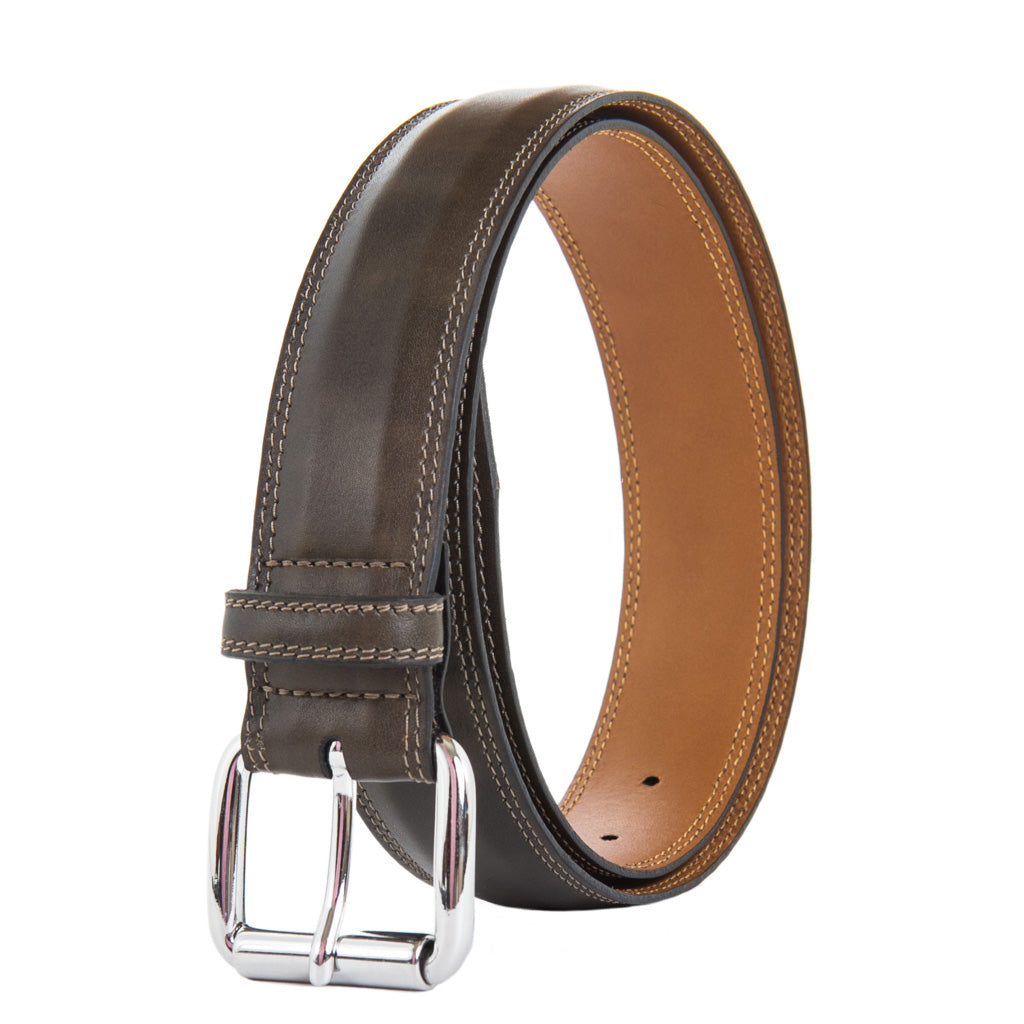 Olive Green Italian Leather Belt with Nickel Roller Buckle