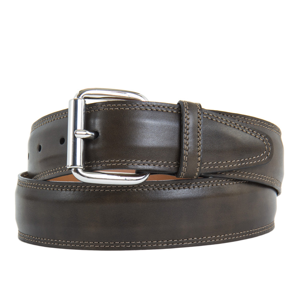 Olive Green Italian Leather Belt with Nickel Roller Buckle
