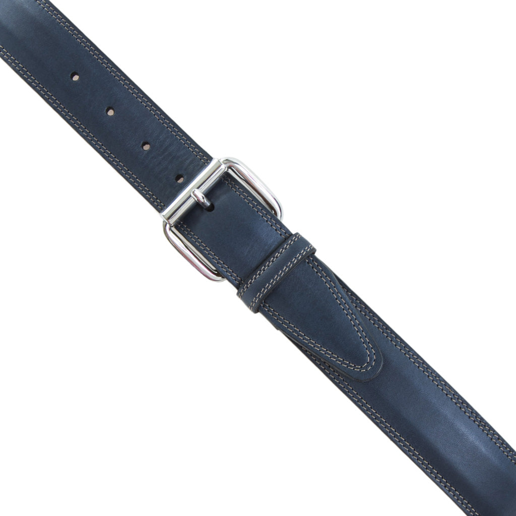 Navy Italian Leather Belt With Nickel Roller Buckle