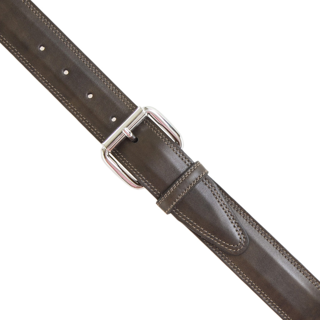 Olive Green Italian Leather Belt with Nickel Roller Buckle
