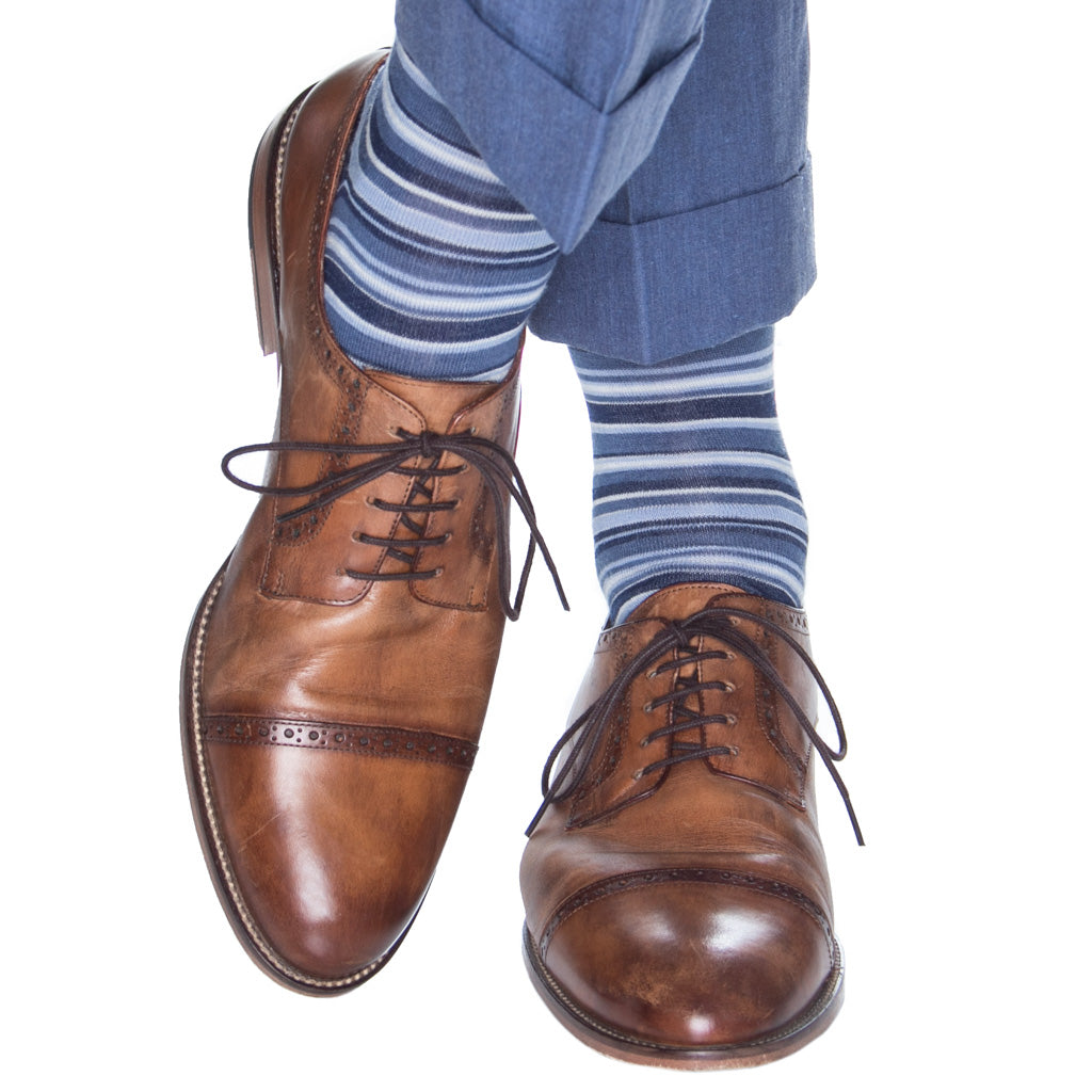 Dress Navy, Sky Blue, Bay Blue, and Cream Variegated Stripe Fine Merino Wool Sock Linked Toe Mid-Calf Dress Navy, Sky Blue, Bay Blue, and Cream Variegated Stripe Fine Merino Wool Sock Linked Toe Mid-Calf