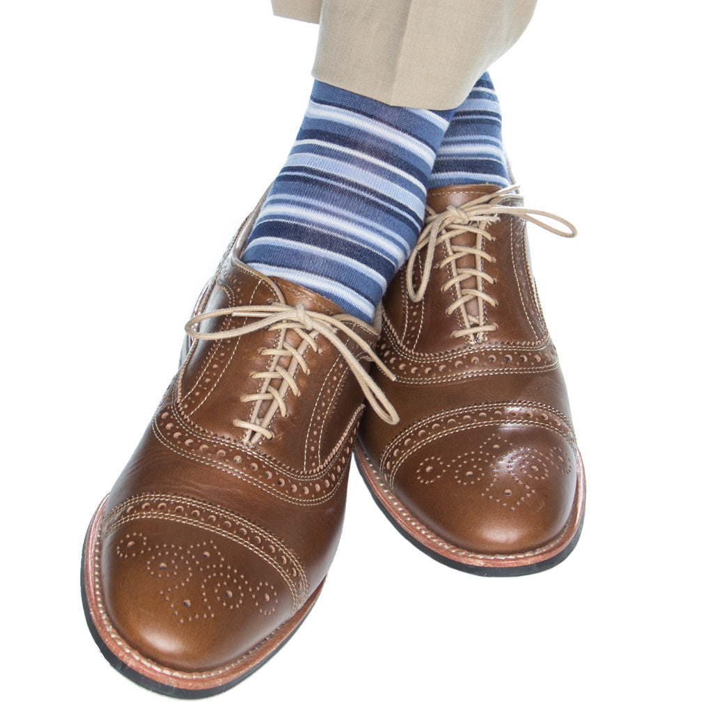 Dress Navy, Sky Blue, Bay Blue, and Cream Variegated Stripe Fine Merino Wool Mid-Calf Sock