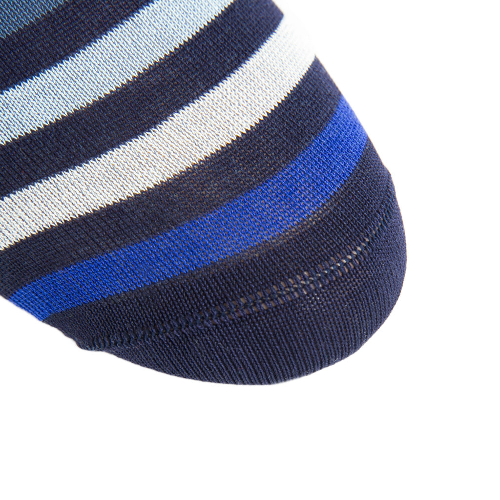 Classic Navy, Cream, Clematis Blue, Indigo Blue, and Sky Blue Quad Stripe Cotton Mid-Calf Sock
